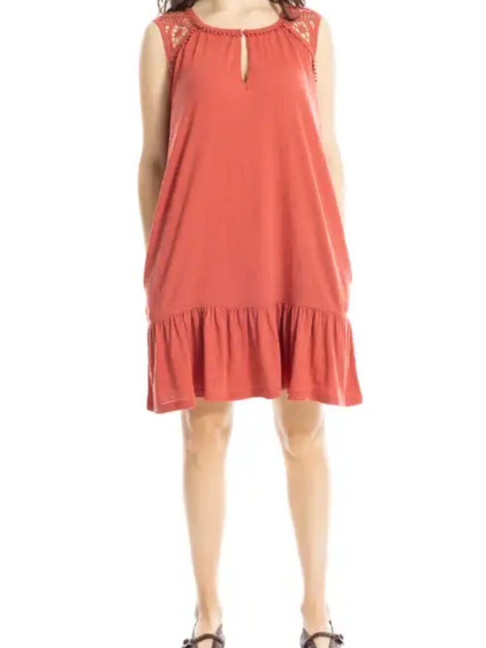 NIB Max Studio Lace Trim Trapeze Dress Women's Size M Heather Washed Red